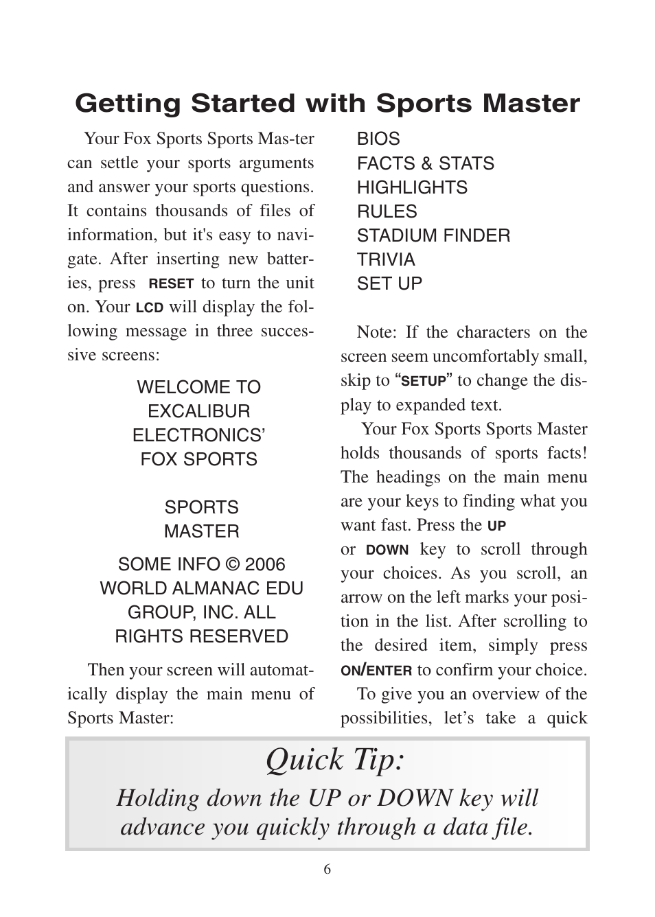 Quick tip, Getting started with sports master | Excalibur electronic FX200 User Manual | Page 6 / 16