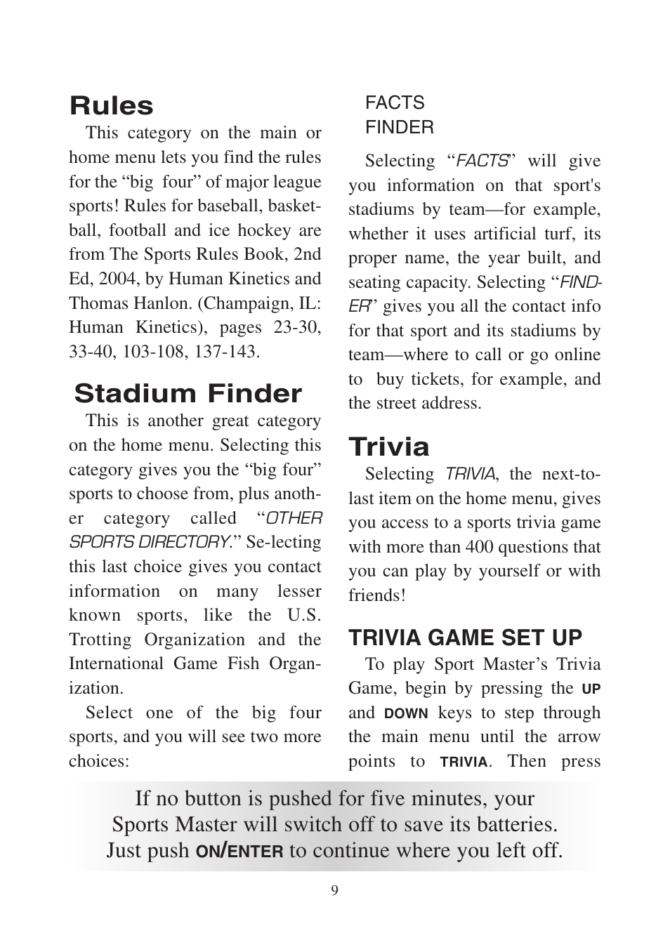 Rules, Stadium finder, Trivia | Trivia game set up | Excalibur electronic FX200 User Manual | Page 9 / 16