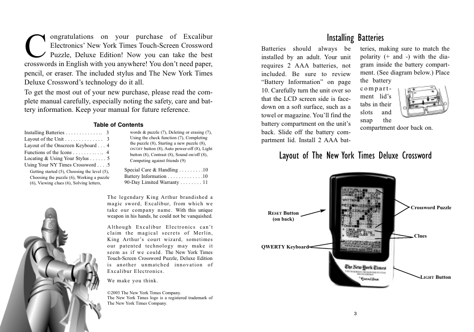 Installing batteries, Layout of the new york times deluxe crossword | Excalibur electronic 455D User Manual | Page 2 / 7