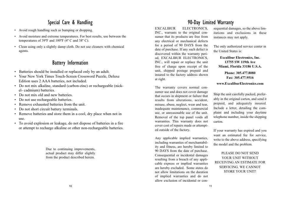 Special care & handling, Battery information, Day limited warranty | Excalibur electronic 455D User Manual | Page 6 / 7