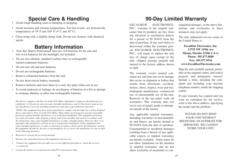 Day limited warranty special care & handling, Battery information | Excalibur electronic 414PE-BK User Manual | Page 10 / 11