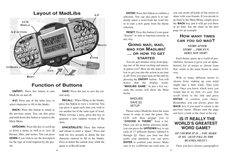 Layout of madlibs function of buttons, Is it really the world’s greatest word game | Excalibur electronic MADLIBS 398 User Manual | Page 3 / 7