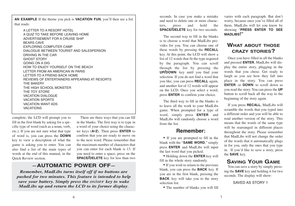 Remember, Automatic power off | Excalibur electronic MADLIBS 398 User Manual | Page 4 / 7