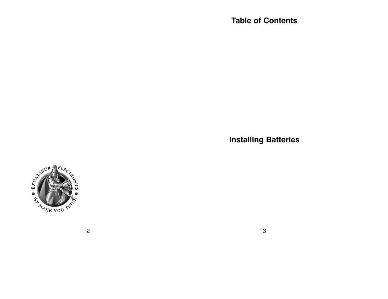 Table of contents installing batteries | Excalibur electronic NY90 User Manual | Page 2 / 9