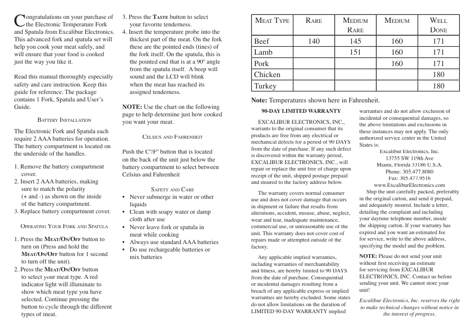 Excalibur electronic Electronic Temperature Fork and Spatula 809-1 User Manual | Page 2 / 3
