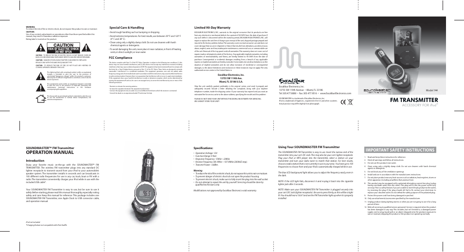 Excalibur electronic SoundMaster FM Transmitter 144 User Manual | 1 page