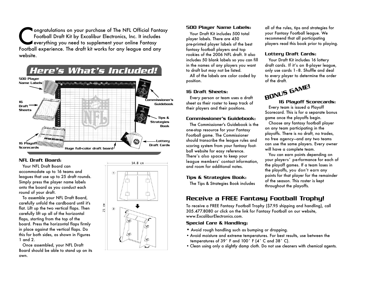 Receive a free fantasy football trophy, Bonus game | Excalibur electronic The NFL Official Fantasy Football Draft Kit 338 User Manual | Page 2 / 2