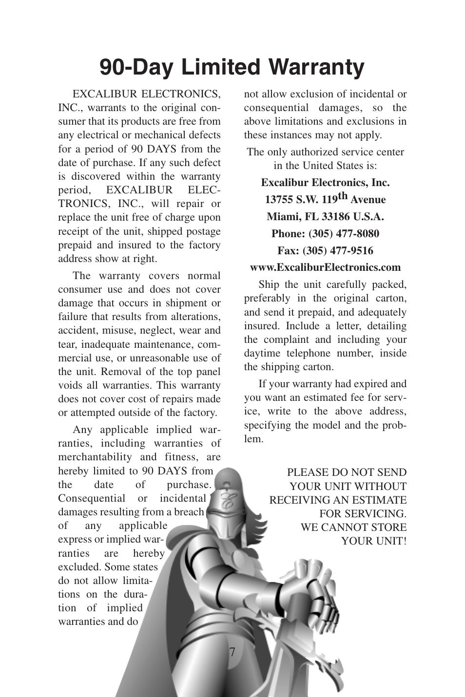 Day limited warranty | Excalibur electronic Corona Dart Board PL26 User Manual | Page 7 / 8