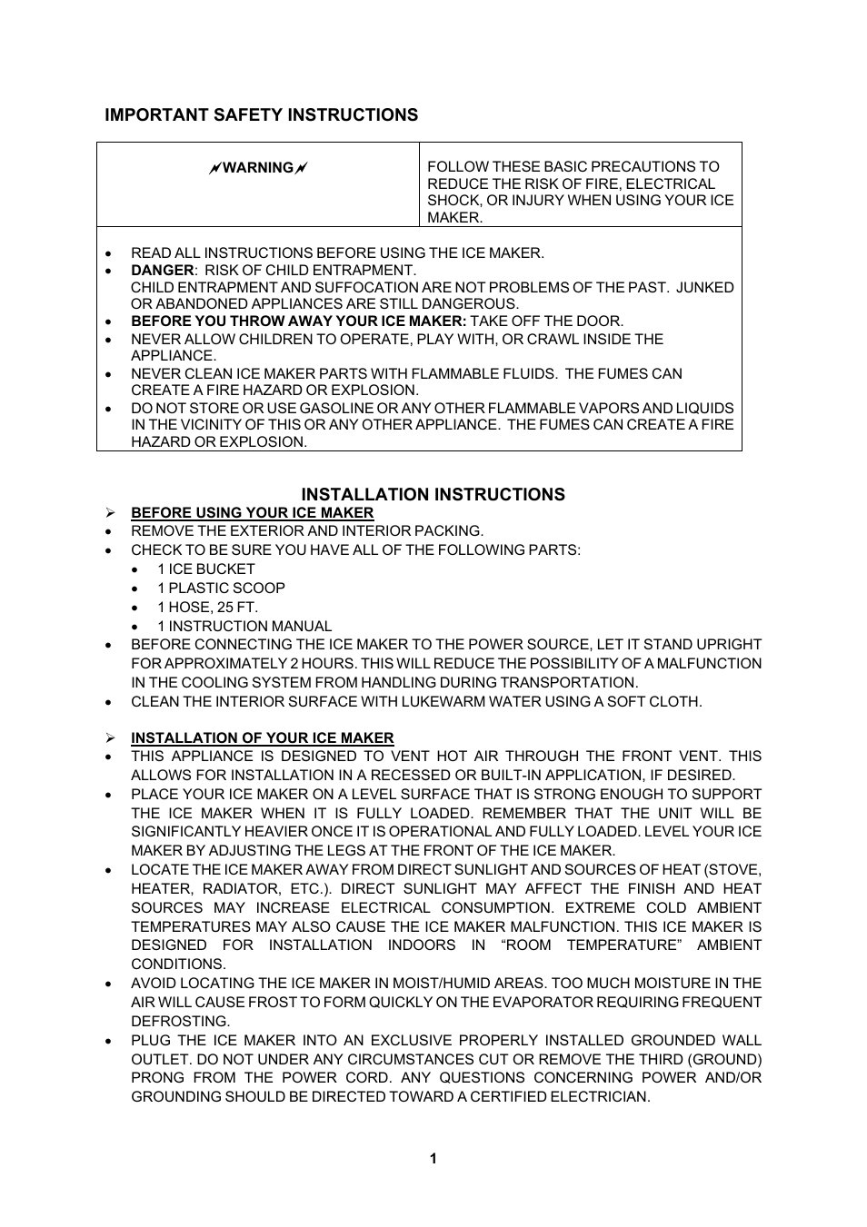 Installation instructions, Before using your ice maker, Installation of your ice maker | Important safety instructions | EdgeStar IB120SS User Manual | Page 2 / 9