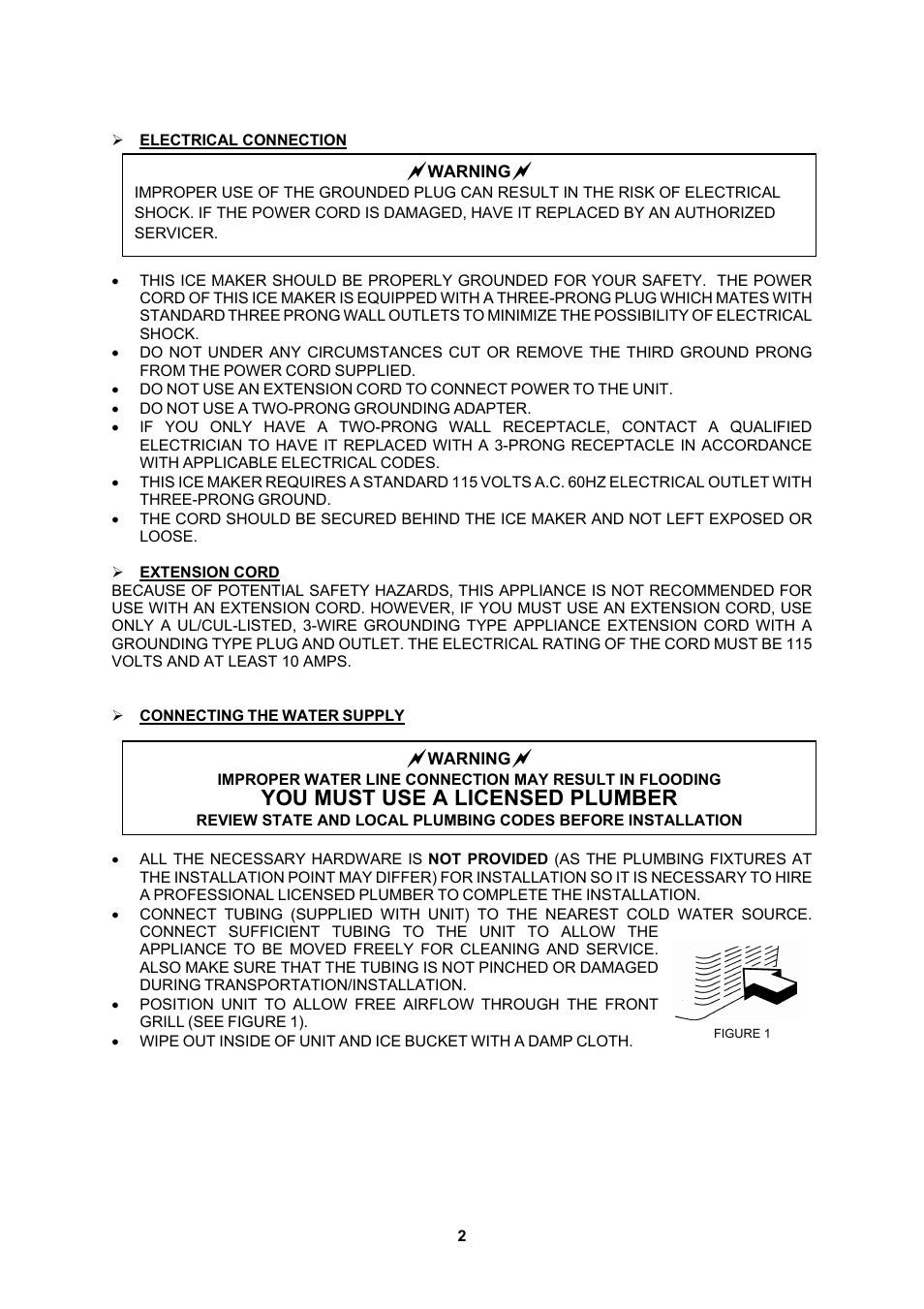 Electrical connection, Extension cord, You must use a licensed plumber | EdgeStar IB120SS User Manual | Page 3 / 9