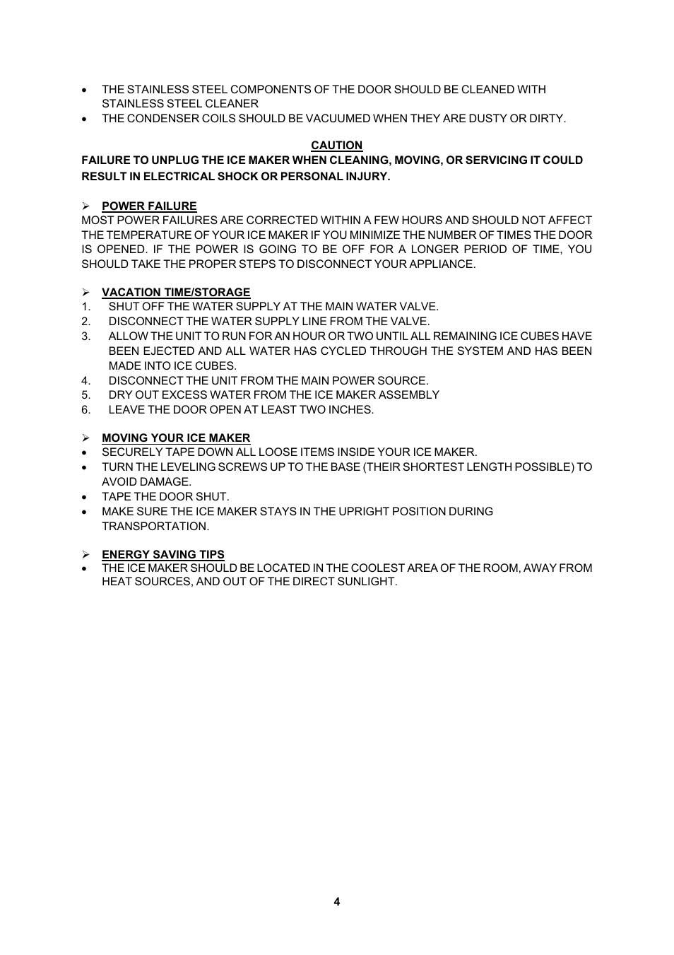 Power failure, Vacation time/storage, Moving your ice maker | Energy saving tips | EdgeStar IB120SS User Manual | Page 5 / 9