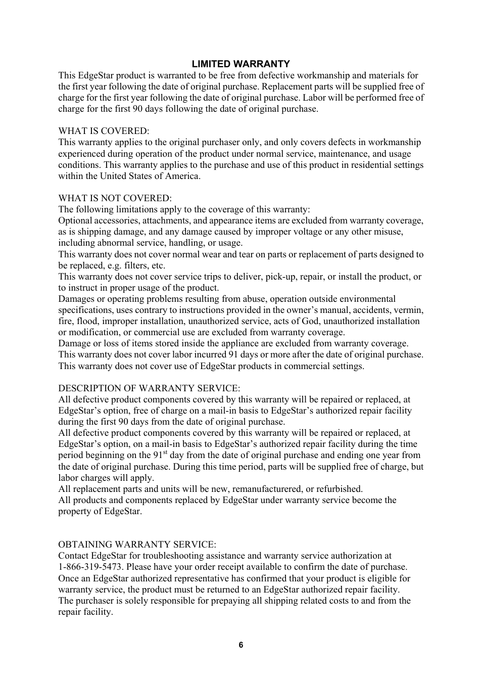 Limited warranty | EdgeStar IB120SS User Manual | Page 7 / 9