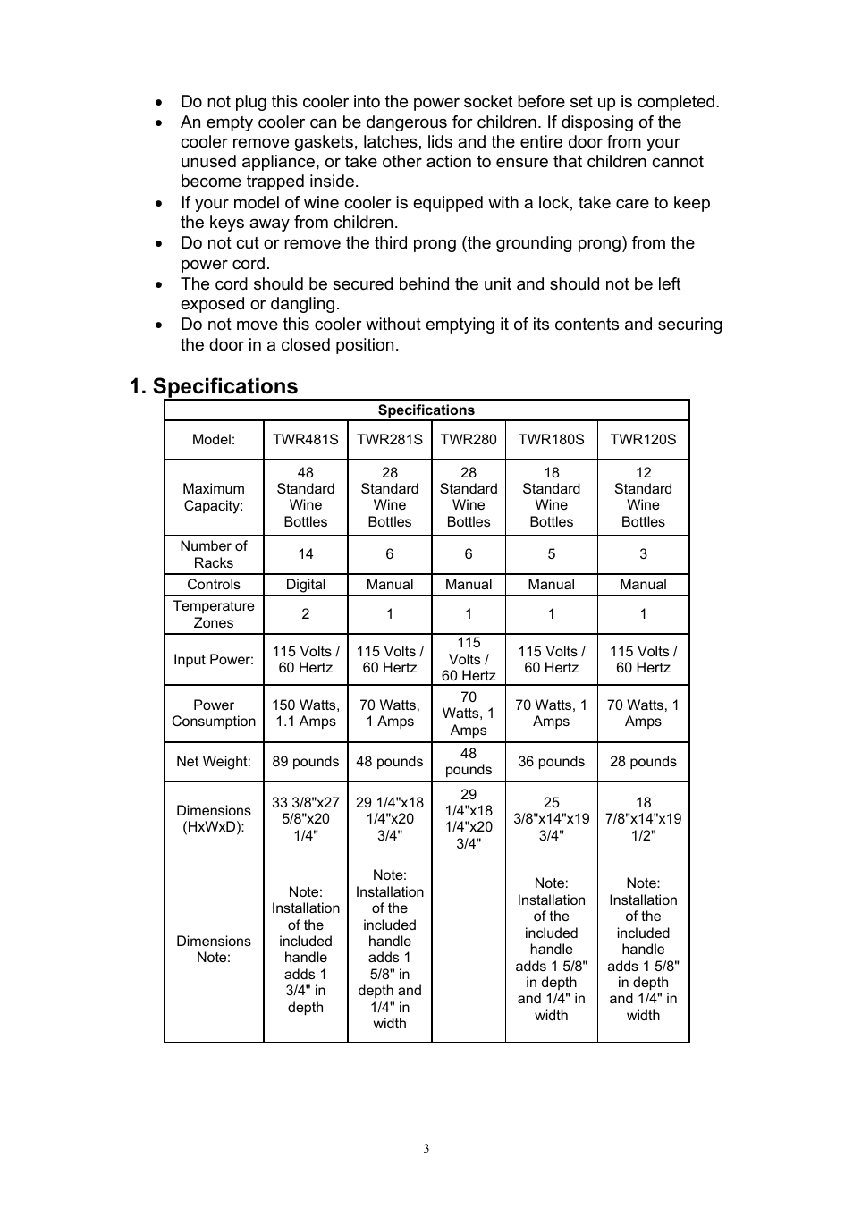 Specifications | EdgeStar TWR481 User Manual | Page 4 / 13