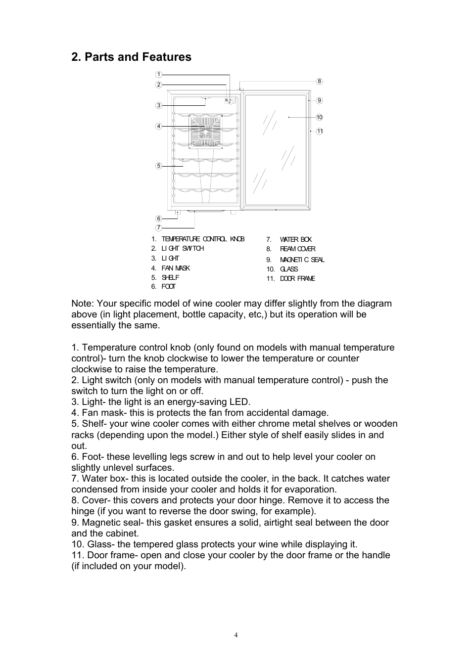 Parts and features | EdgeStar TWR481 User Manual | Page 5 / 13