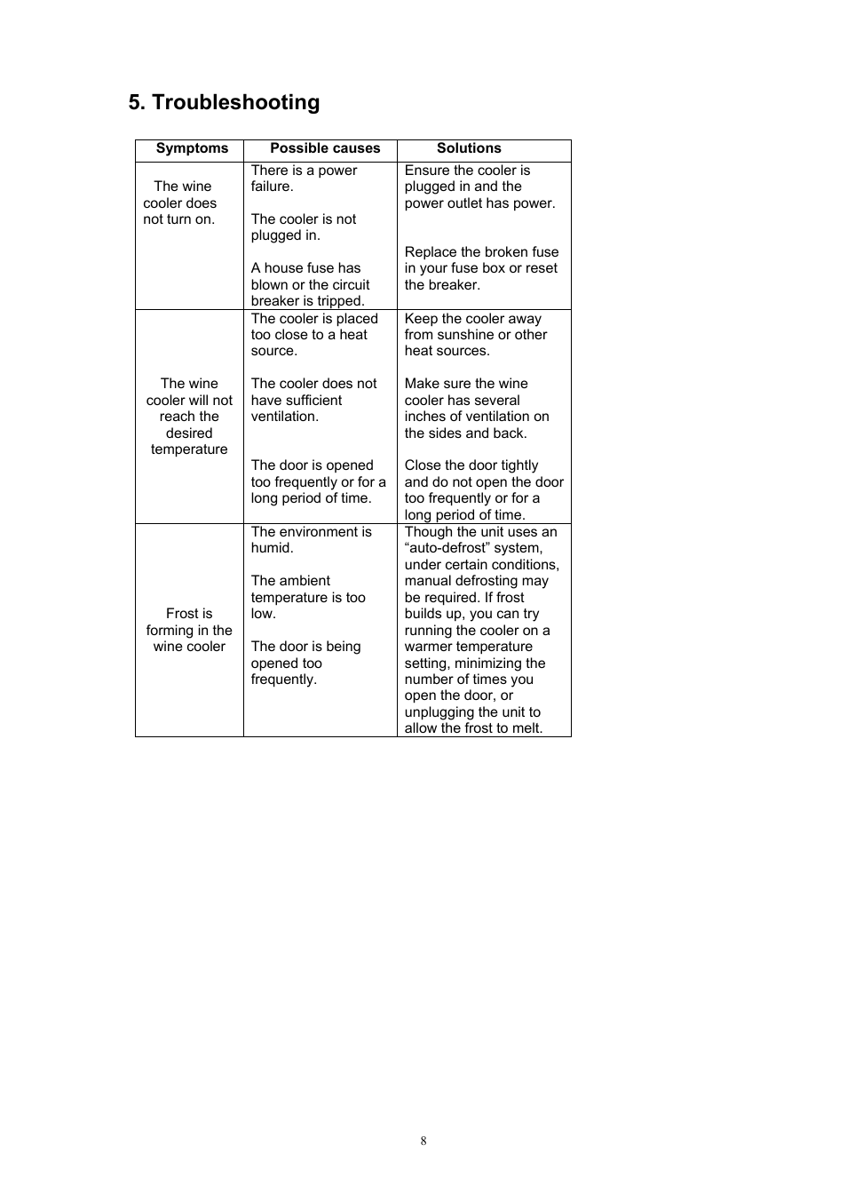Solutions, Troubleshooting | EdgeStar TWR481 User Manual | Page 9 / 13
