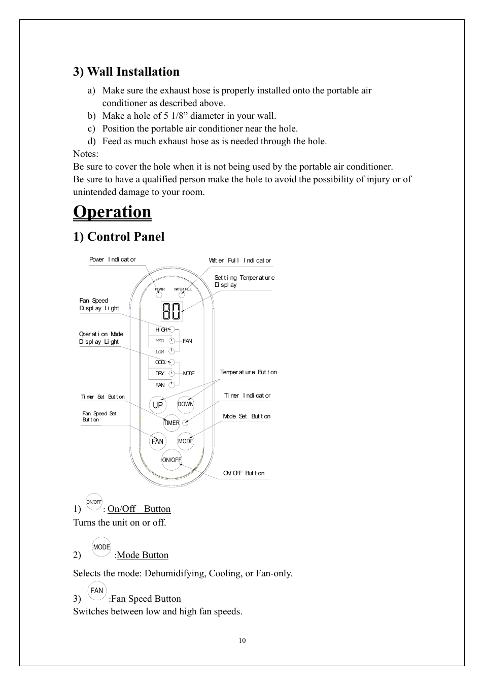 3) wall installation, Operation, 1) control panel | On/off button turns the unit on or off. 2) | EdgeStar AP310SS User Manual | Page 11 / 23