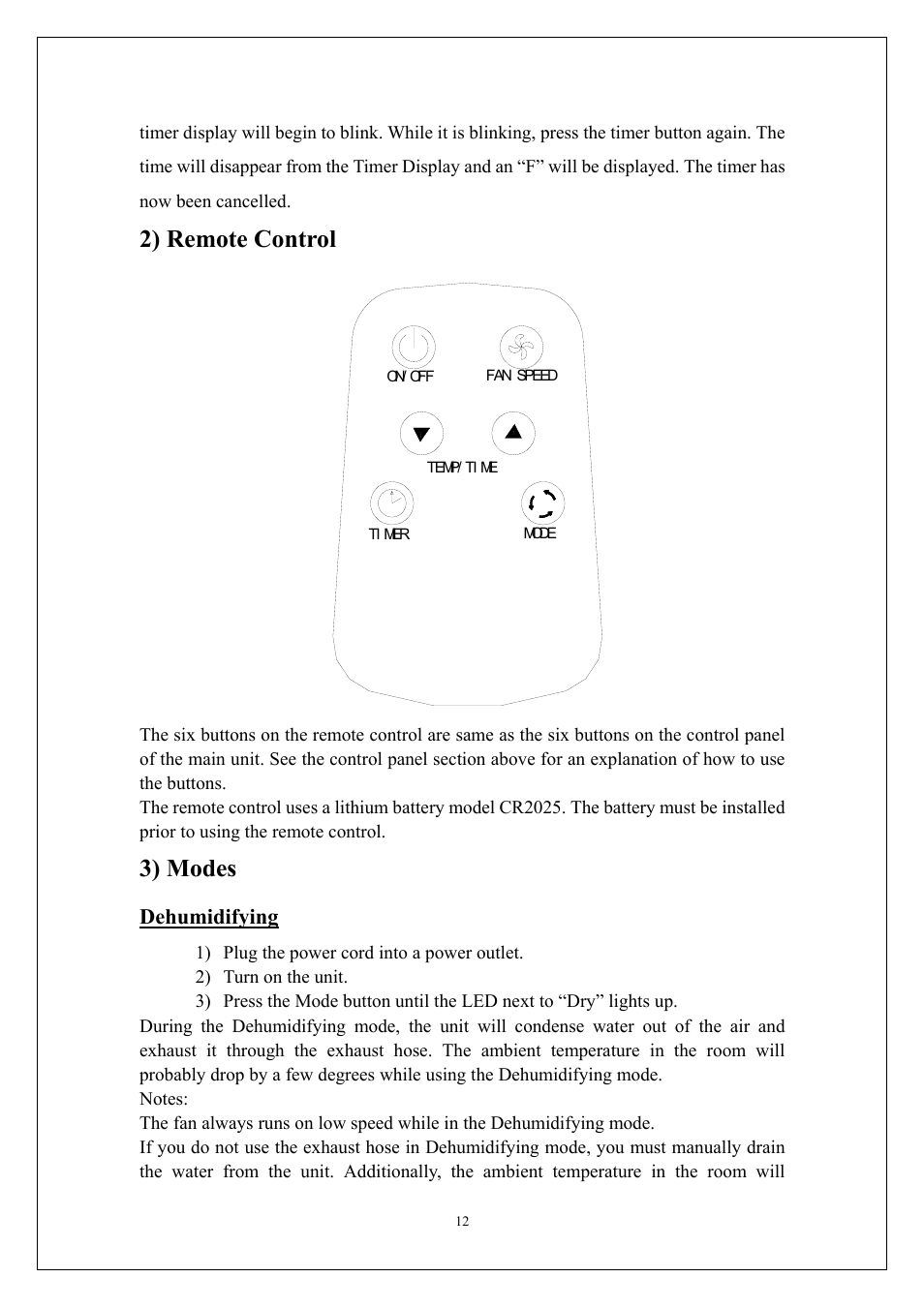 2) remote control, 3) modes, Dehumidifying | EdgeStar AP310SS User Manual | Page 13 / 23