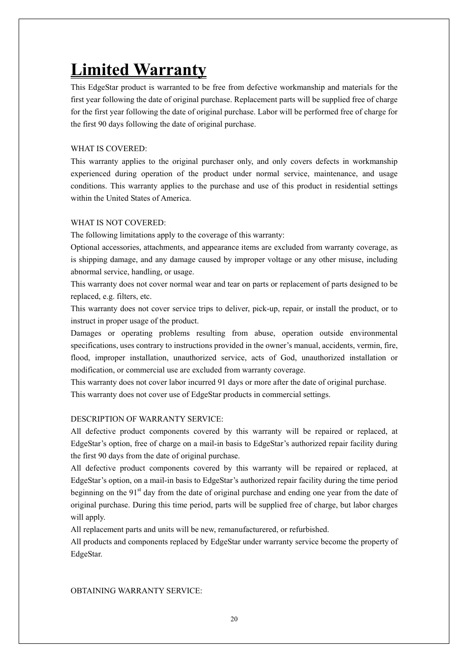 Limited warranty | EdgeStar AP310SS User Manual | Page 21 / 23