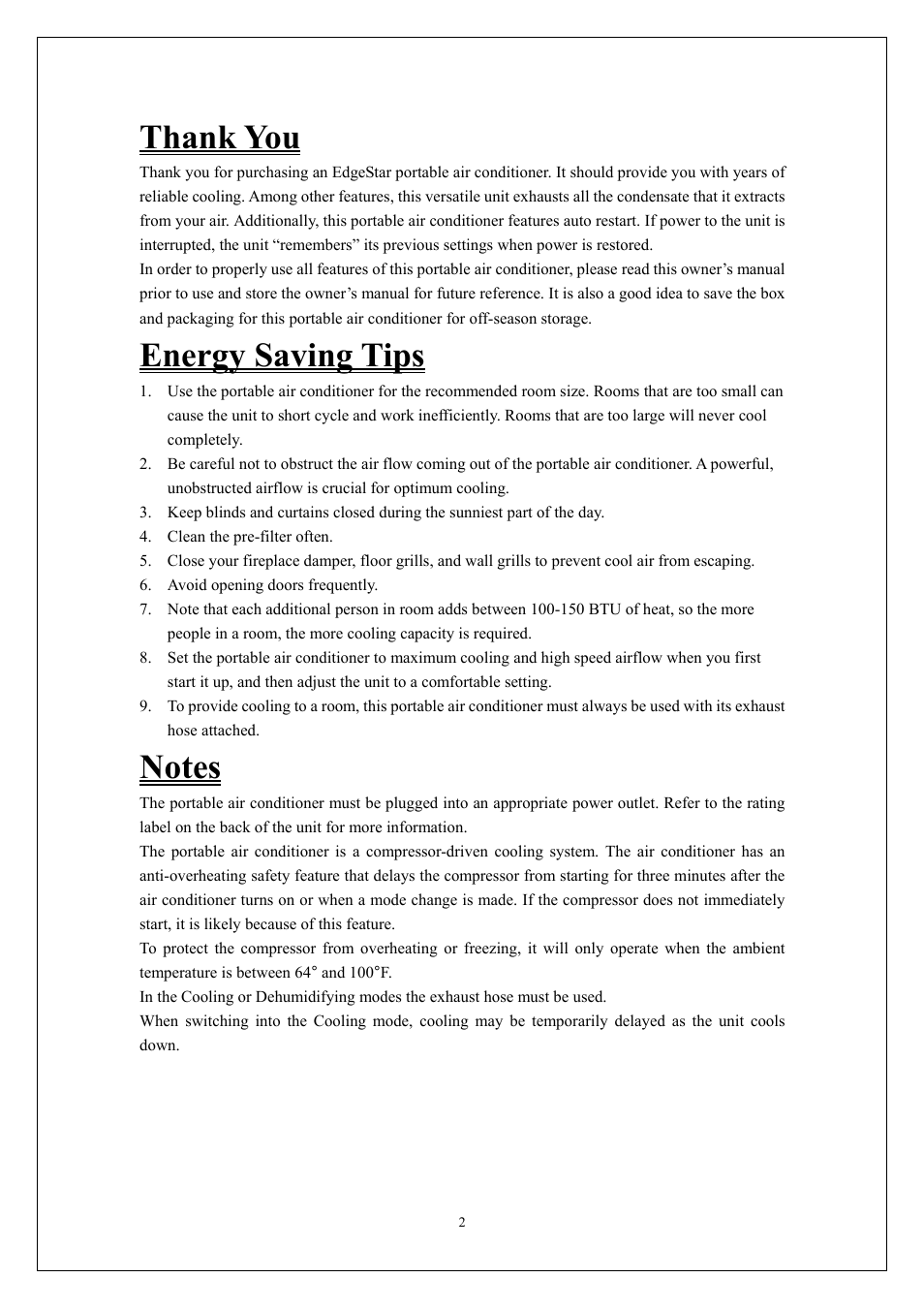 Thank you, Energy saving tips, Notes | EdgeStar AP310SS User Manual | Page 3 / 23