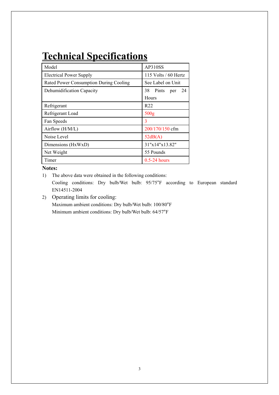 Technical specifications, Notes | EdgeStar AP310SS User Manual | Page 4 / 23