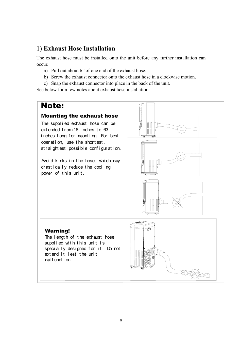 1) exhaust hose installation | EdgeStar AP310SS User Manual | Page 9 / 23