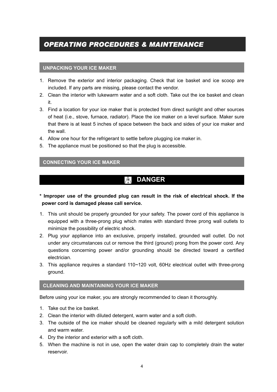 Operating procedures & maintenance, Danger | EdgeStar IP300P User Manual | Page 6 / 10