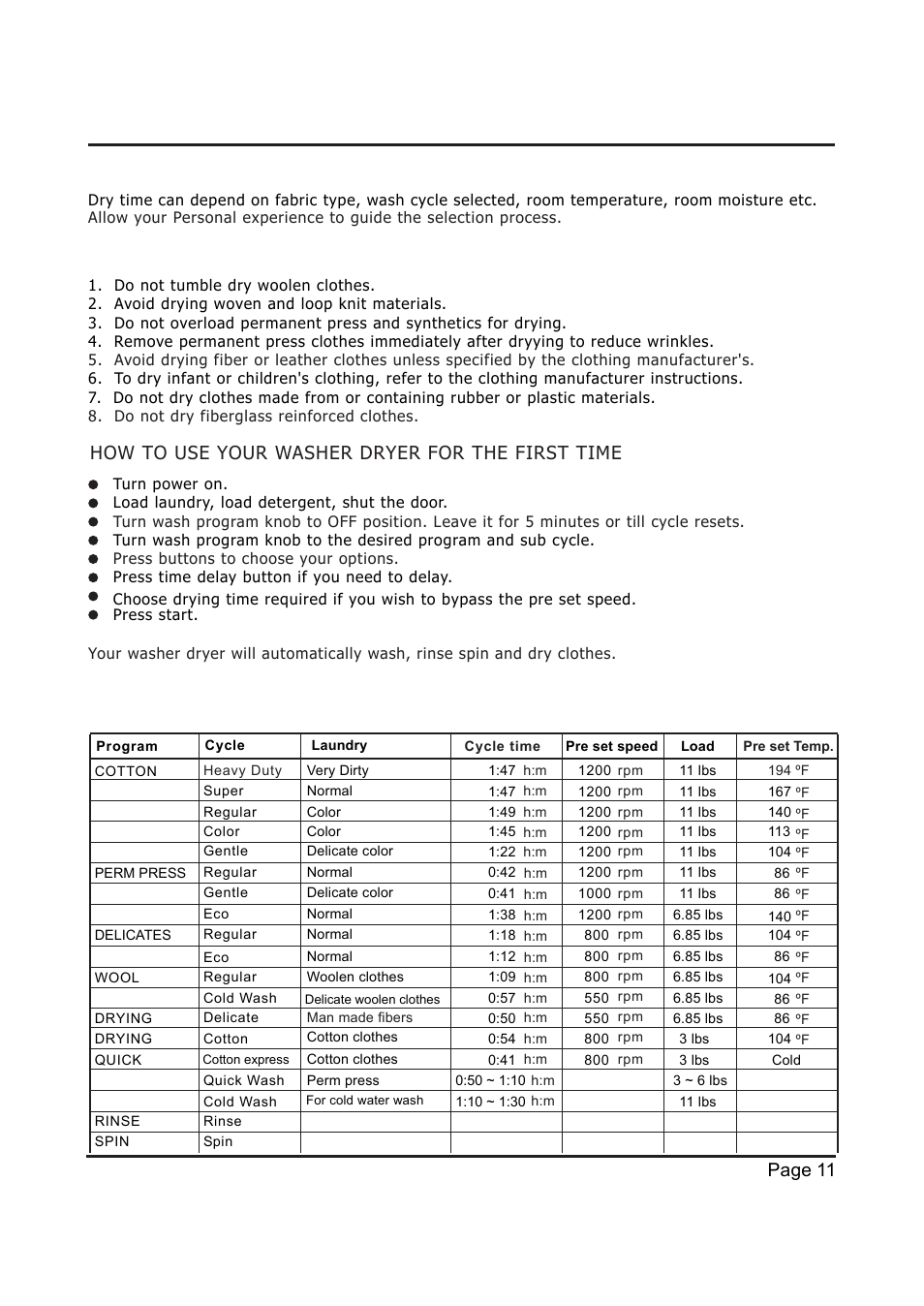 Wash cycle chart, Page 11, Drying time guide | Drying ground rules, How to use your washer dryer for the first time | EdgeStar Model CW 2200 User Manual | Page 11 / 24