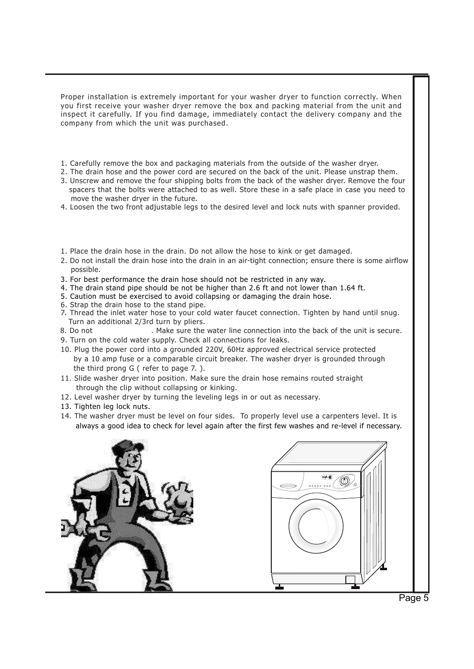 Installation sheet, Step 1 prepare washer dryer, Step 2 install washer dryer | Page 5 | EdgeStar Model CW 2200 User Manual | Page 5 / 24