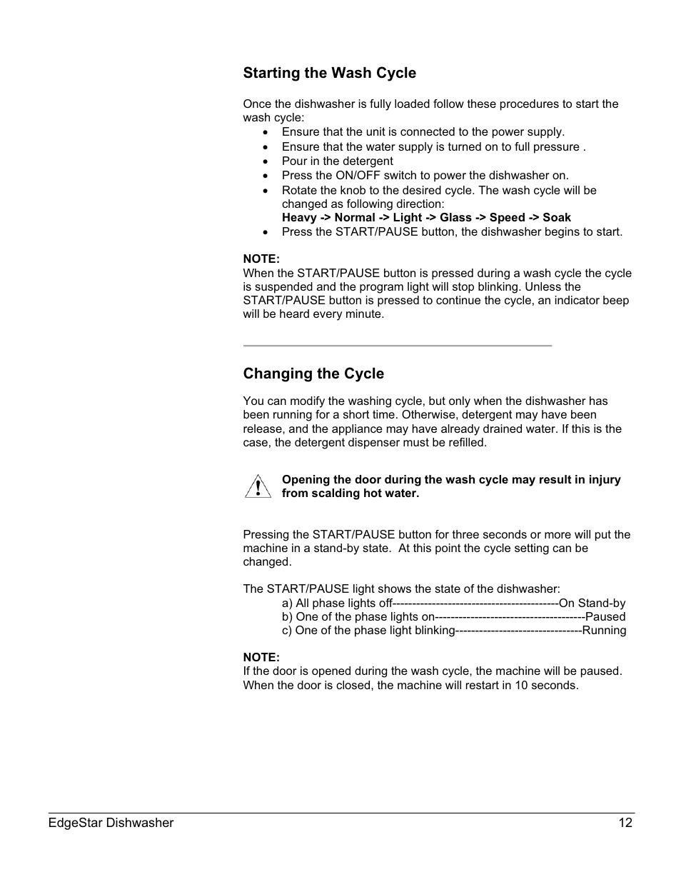 Starting the wash cycle, Changing the cycle | EdgeStar DWP60ES User Manual | Page 16 / 24