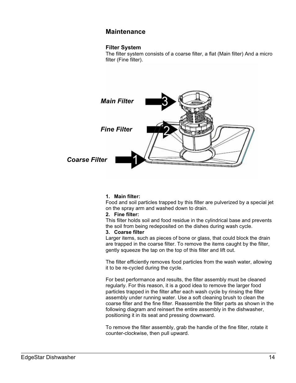 Maintenance, Main filter fine filter coarse filter | EdgeStar DWP60ES User Manual | Page 18 / 24