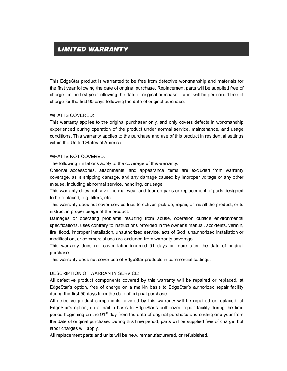 Limited warranty | EdgeStar IP200 User Manual | Page 11 / 13