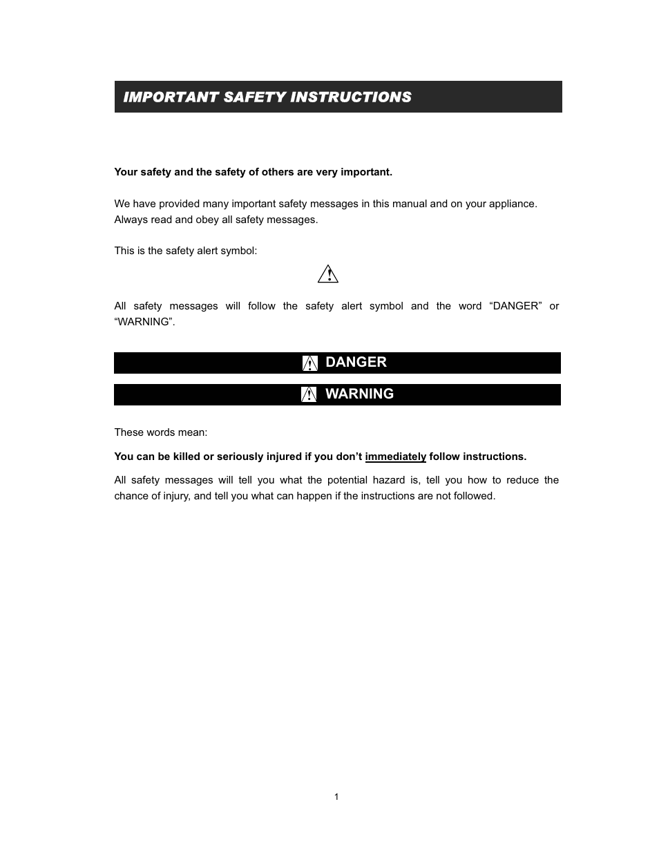 Danger, Warning, Table of contents important safety instructions | EdgeStar IP200 User Manual | Page 3 / 13
