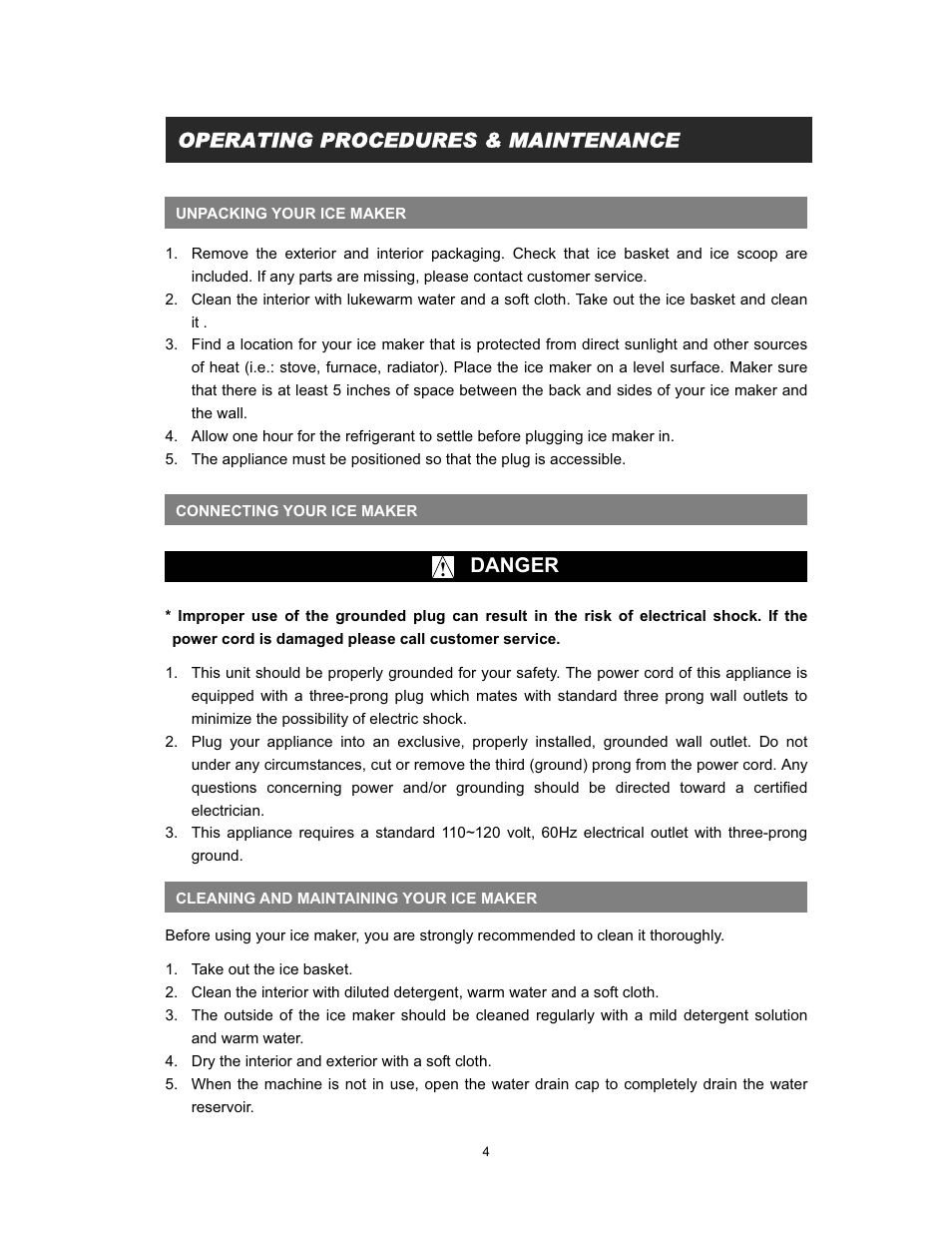 Danger, Operating procedures & maintenance | EdgeStar IP200 User Manual | Page 6 / 13