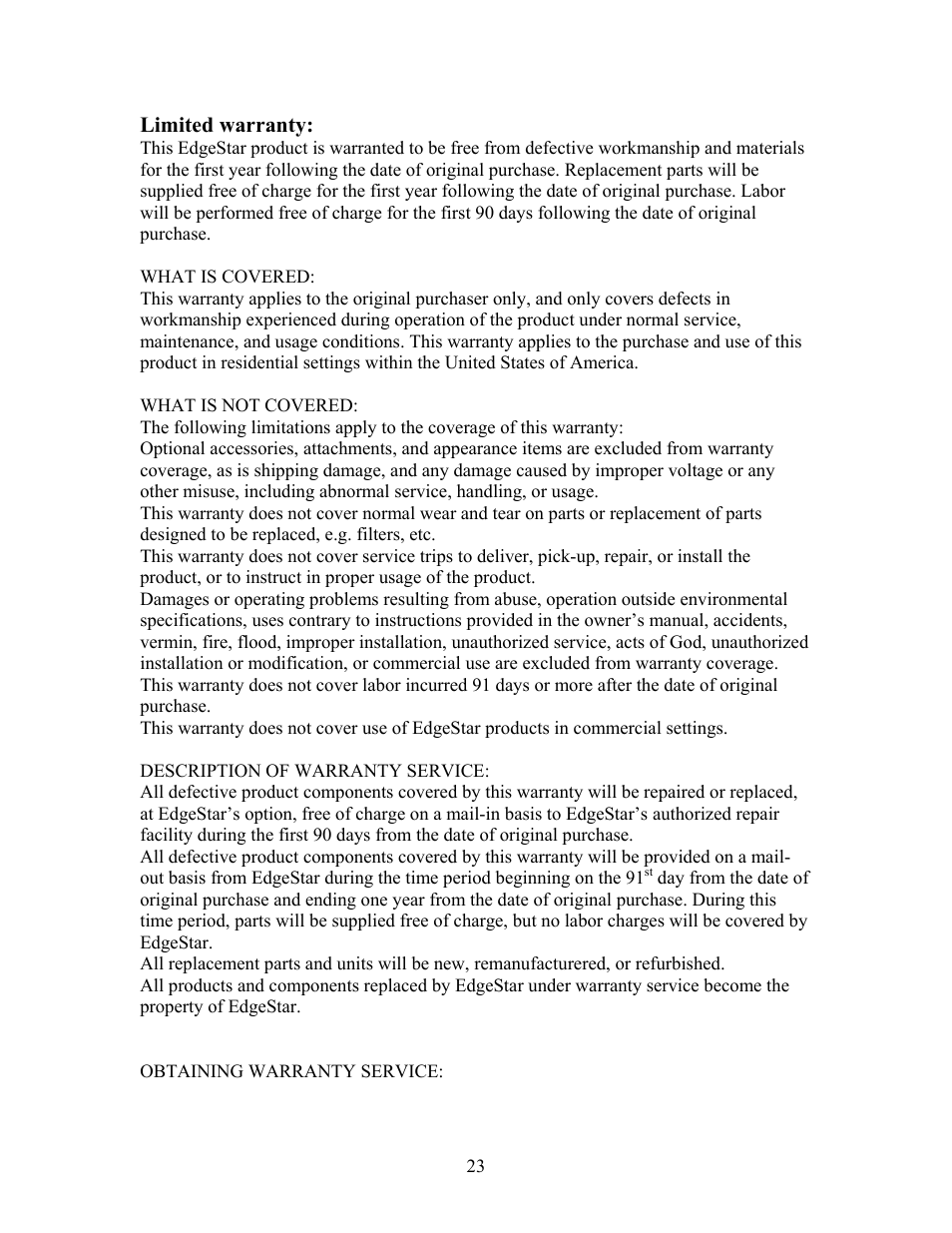 EdgeStar AP410W User Manual | Page 23 / 25