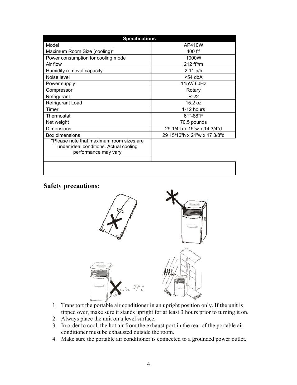 Safety precautions | EdgeStar AP410W User Manual | Page 4 / 25