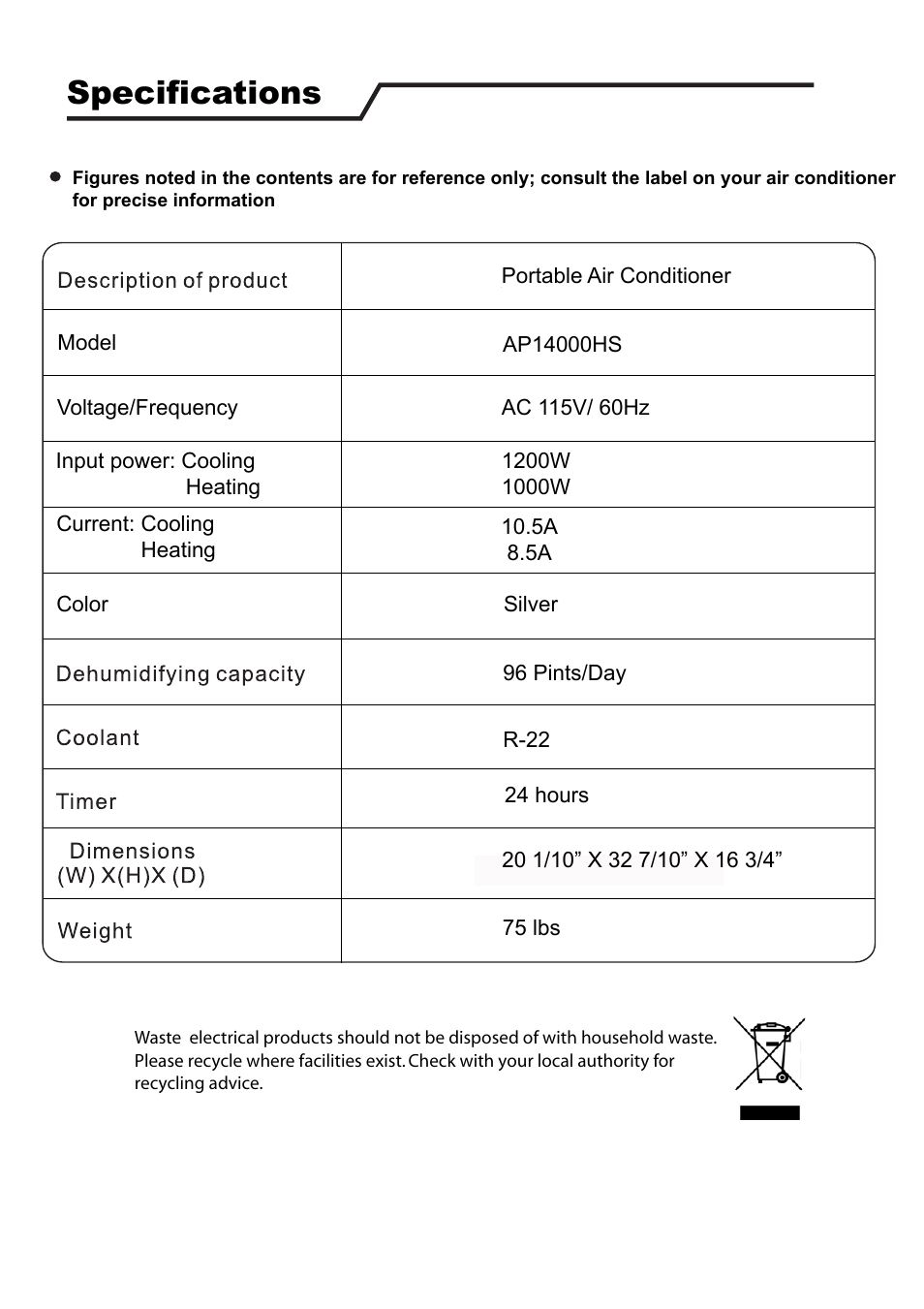 Specifications | EdgeStar AP14000HS User Manual | Page 12 / 14