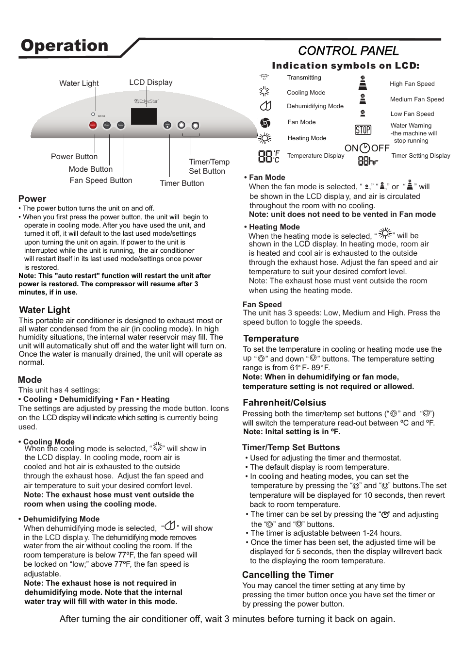 Operation, Water light, Mode | Power, Temperature, Cancelling the timer, Fahrenheit/celsius, On off | EdgeStar AP14000HS User Manual | Page 6 / 14
