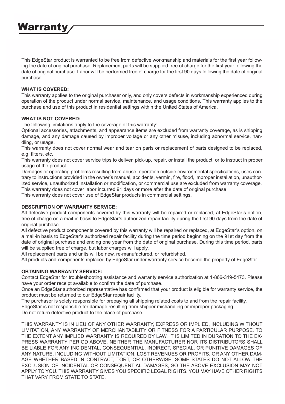 Warranty, 4 in | EdgeStar PAC8000S User Manual | Page 13 / 14