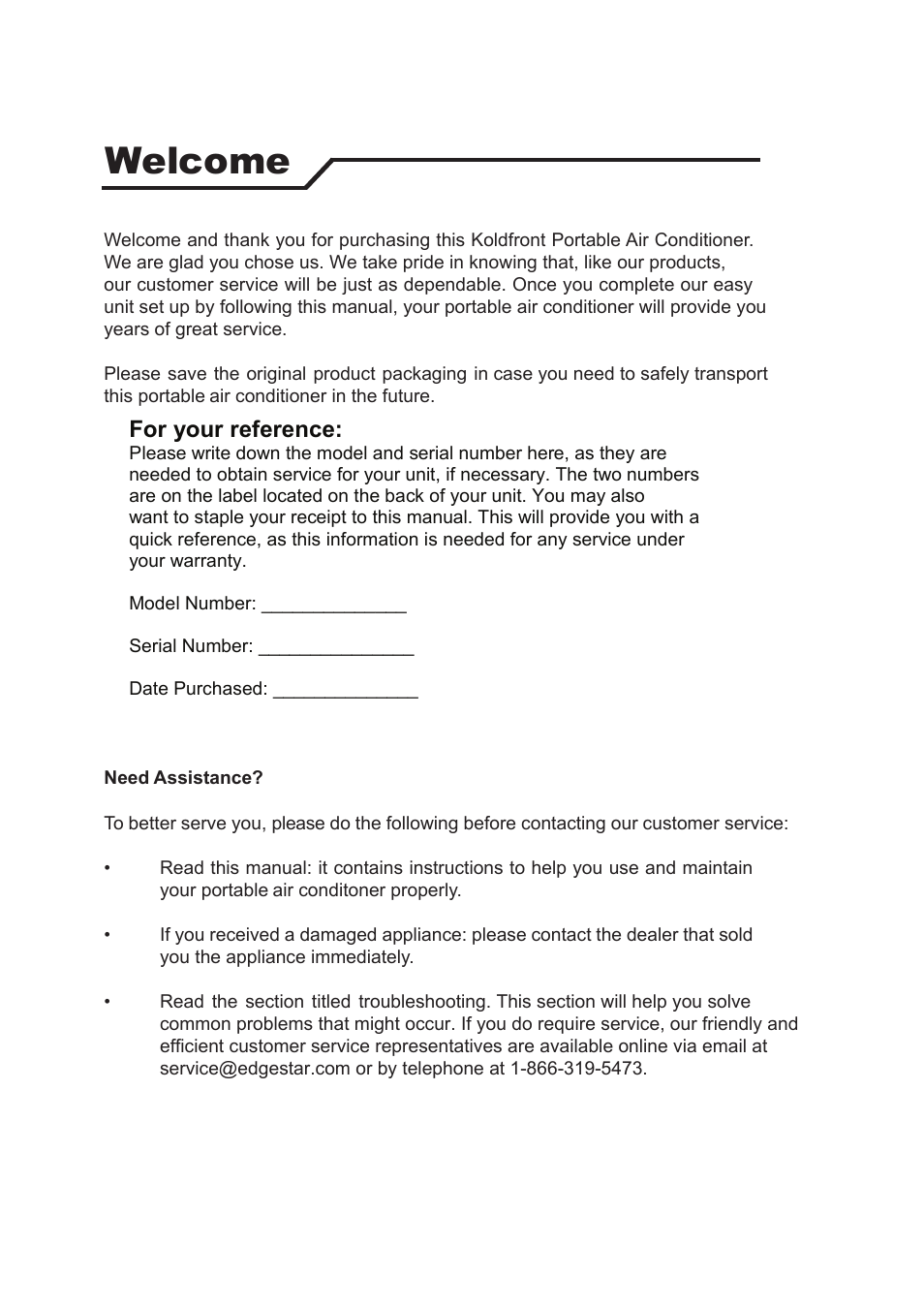Welcome, For your reference | EdgeStar PAC8000S User Manual | Page 2 / 14