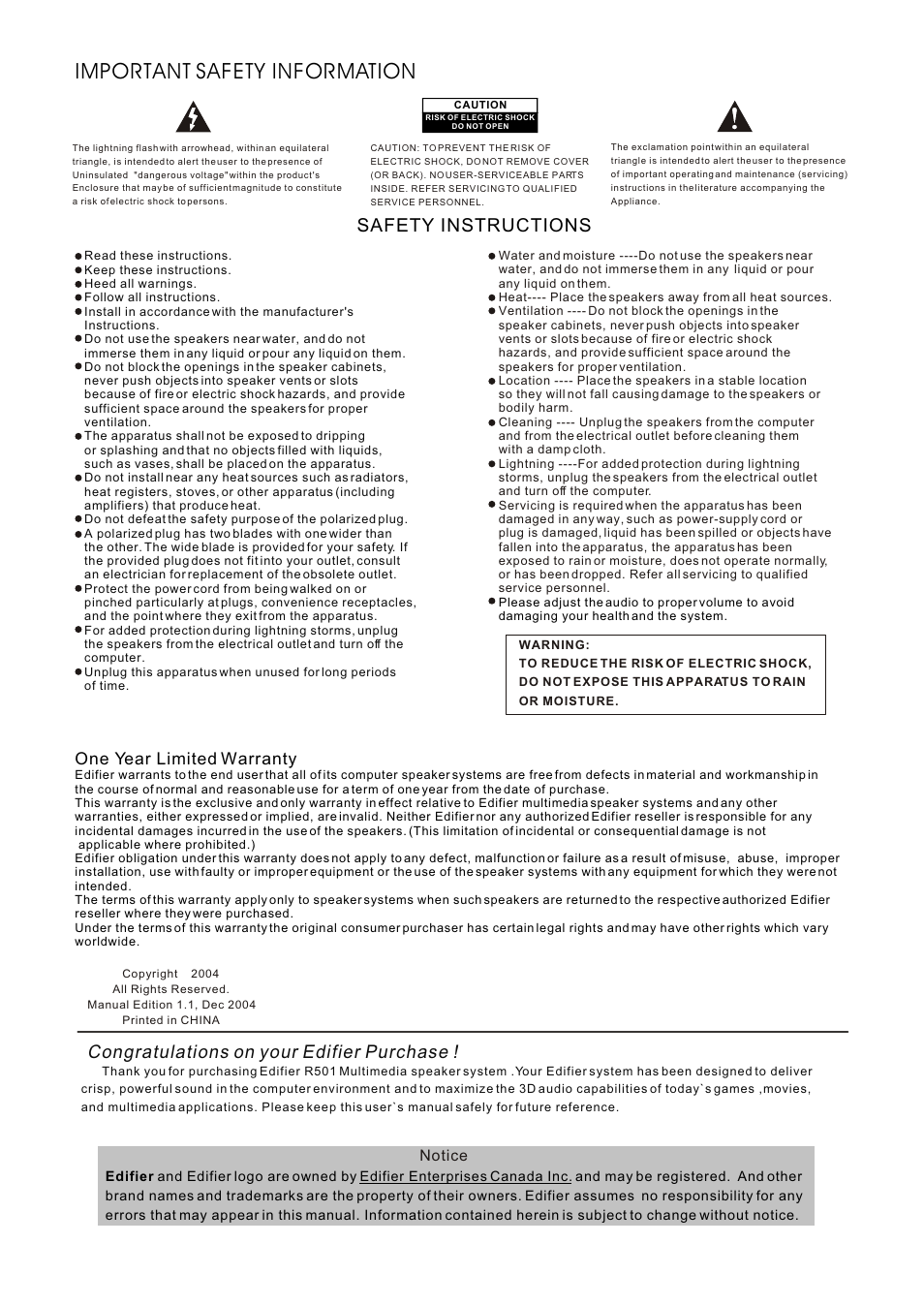 Т³гж 2, Important safety information, Safety instructions | One year limited warranty, Notice | Edifier Enterprises Canada R501 User Manual | Page 2 / 5