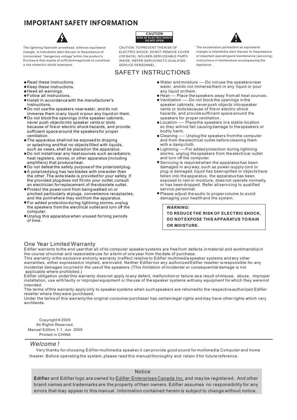 Important safety information, Welcome, Safety instructions | One year limited warranty, Notice | Edifier Enterprises Canada R401 User Manual | Page 2 / 4