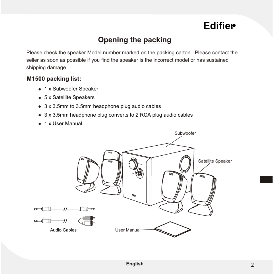 Т³гж 3, Opening the packing, M1500 packing list | Edifier Enterprises Canada M1500 User Manual | Page 3 / 8