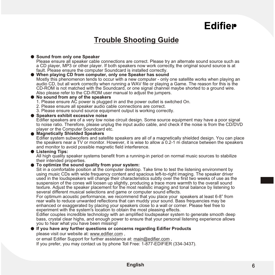 Т³гж 7, Trouble shooting guide | Edifier Enterprises Canada M1500 User Manual | Page 7 / 8
