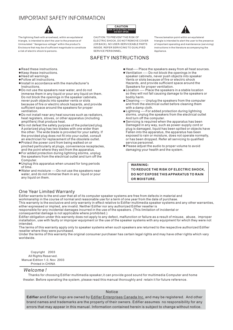 Important safety information, Welcome, Safety instructions | One year limited warranty, Notice | Edifier Enterprises Canada R231T User Manual | Page 2 / 4