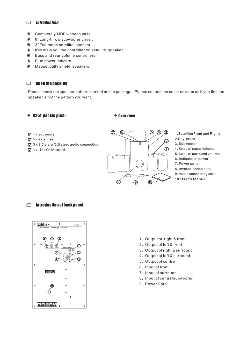 Introduction open the packing overview, Introduction of back panel r351 packing list, User's manual | Edifier Enterprises Canada Edifier R351 User Manual | Page 3 / 4