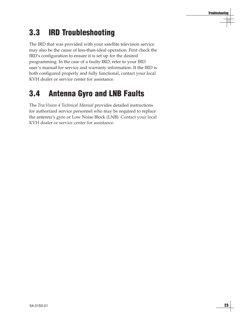 3 - ird troubleshooting, 4 - antenna gyro and lnb faults, 3 ird troubleshooting | 4 antenna gyro and lnb faults | EchoStar 4 User Manual | Page 22 / 24