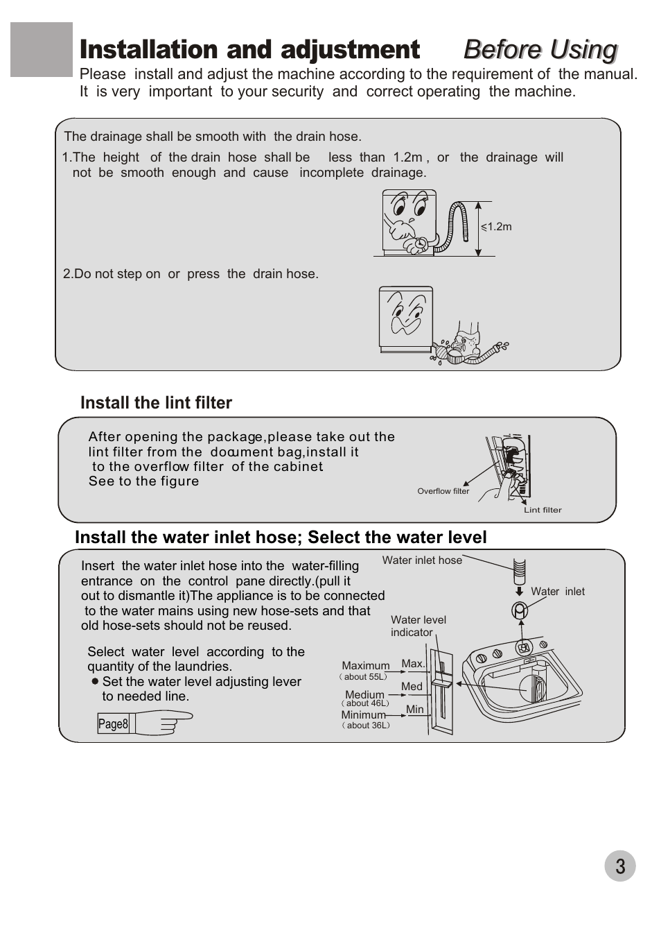 Before using, Before using installation and adjustment, Install the lint filter | KELVINATOR KL72TT User Manual | Page 5 / 20