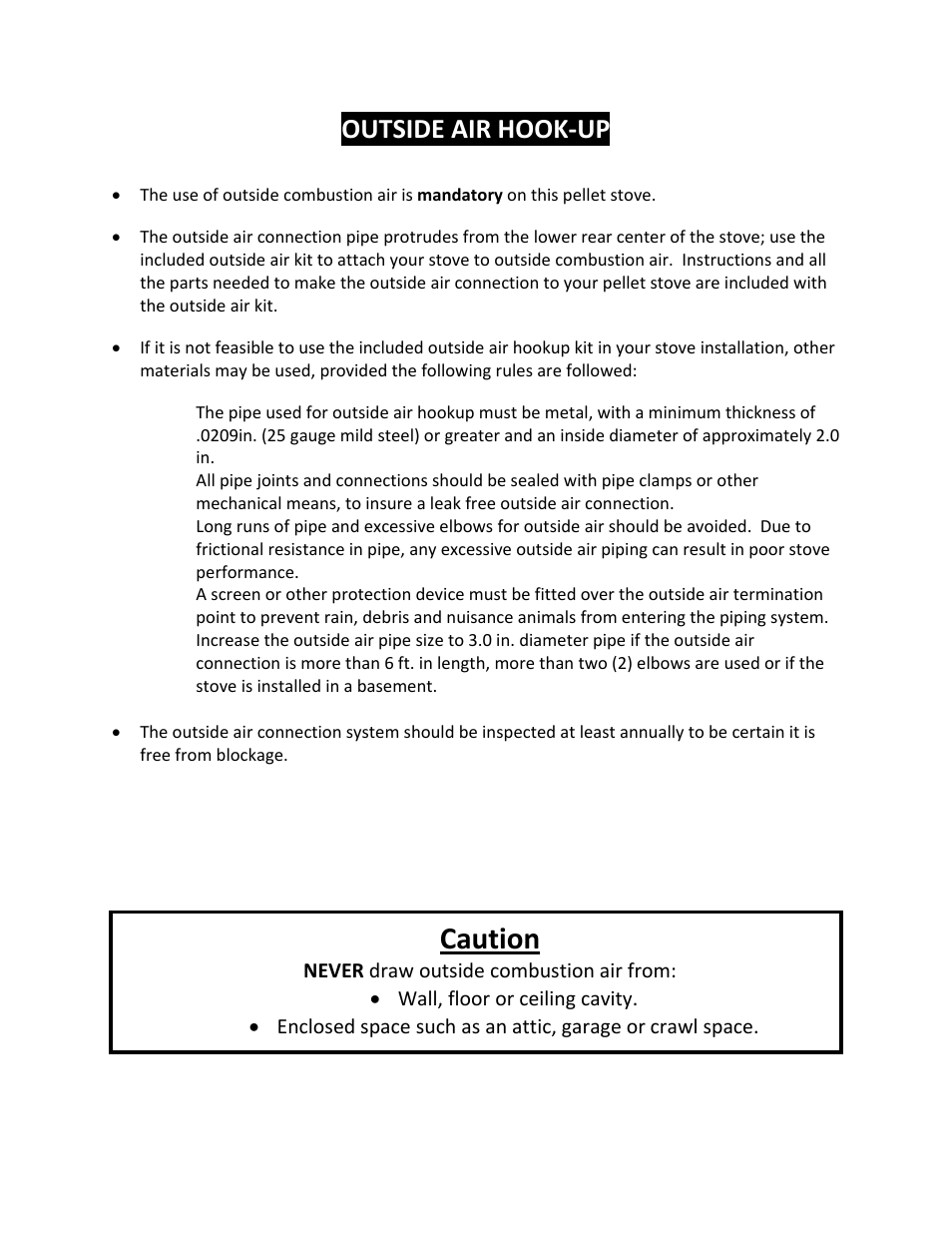 Caution, Outside air hook‐up | England's Stove Works 25PAH User Manual | Page 15 / 46