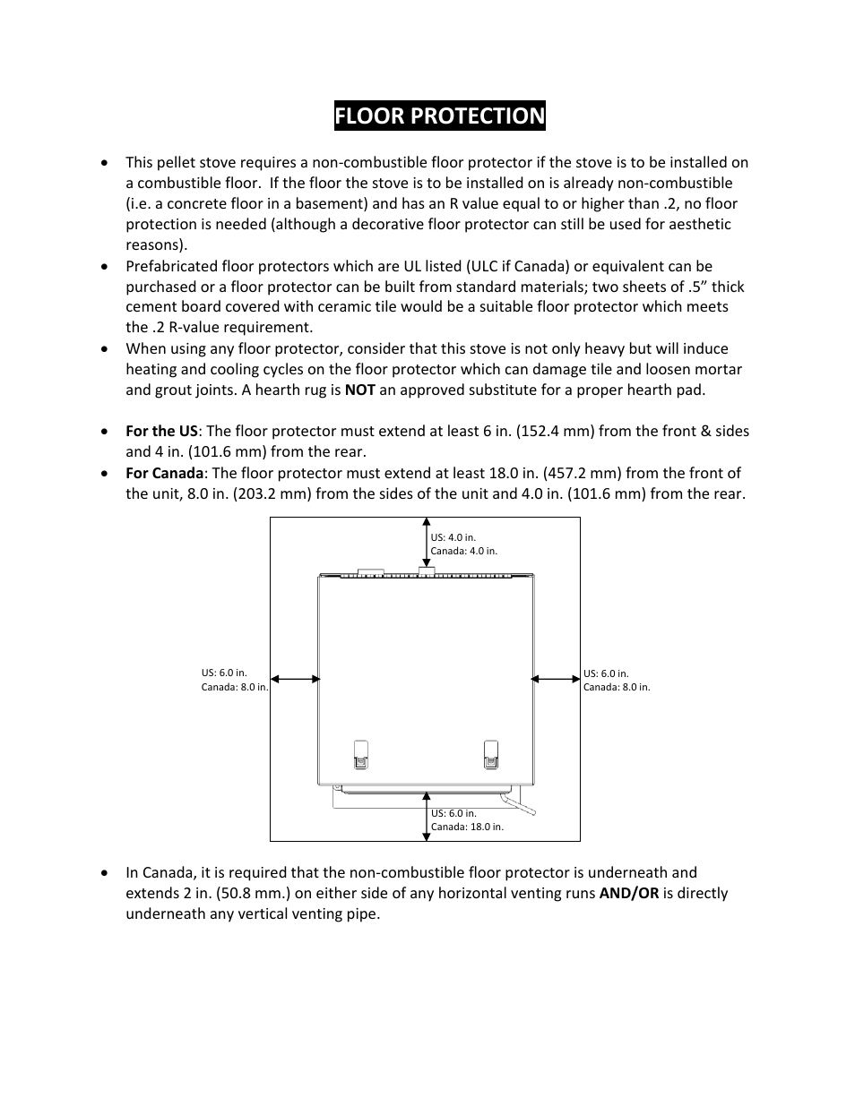 Floor protection | England's Stove Works 25PAH User Manual | Page 16 / 46