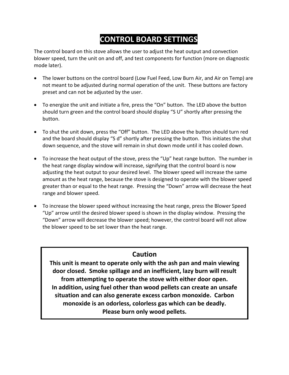 Control board settings, Caution | England's Stove Works 25PAH User Manual | Page 19 / 46